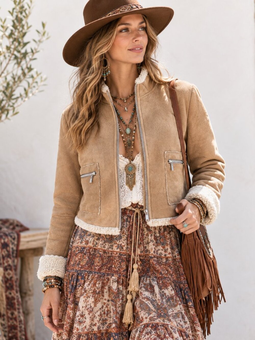 Jones New York Jacket Women's Tan Sherpa Lined Sueded M Boho Coastal Penny Lane - Picture 1 of 5